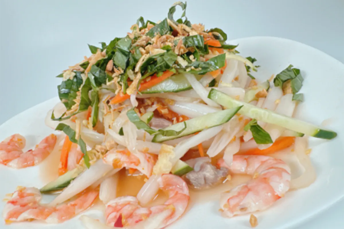 Vietnamese lotus root salad with shrimp, fresh basil, carrots, and crunch toppings at 26 Viet Cafe, a Vietnamese Restaurant in Pasadena